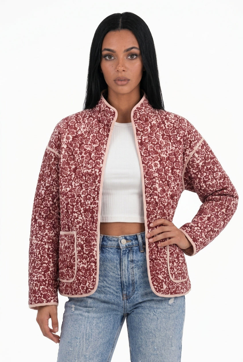 Quilted Floral Print Jacket with Contrast Piping