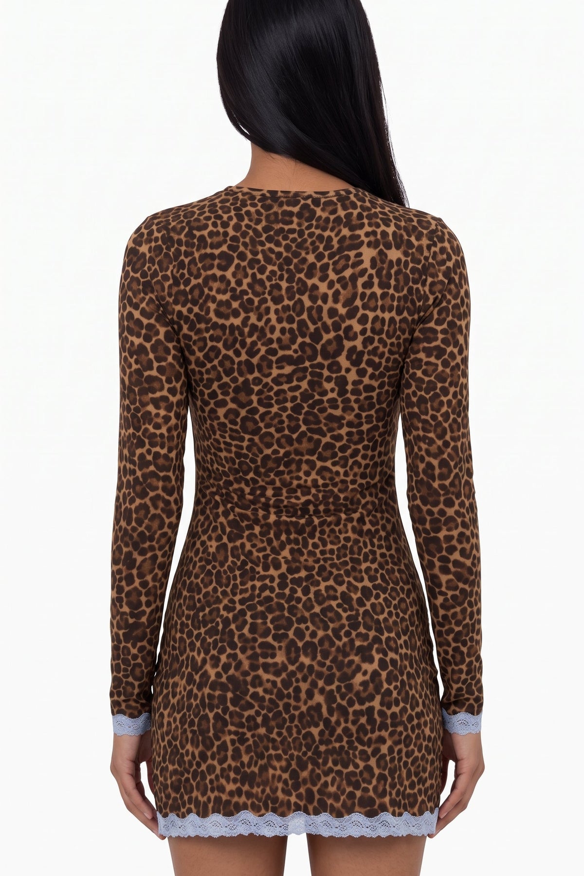 Leopard Lace-Trim Long Sleeve Mini Dress