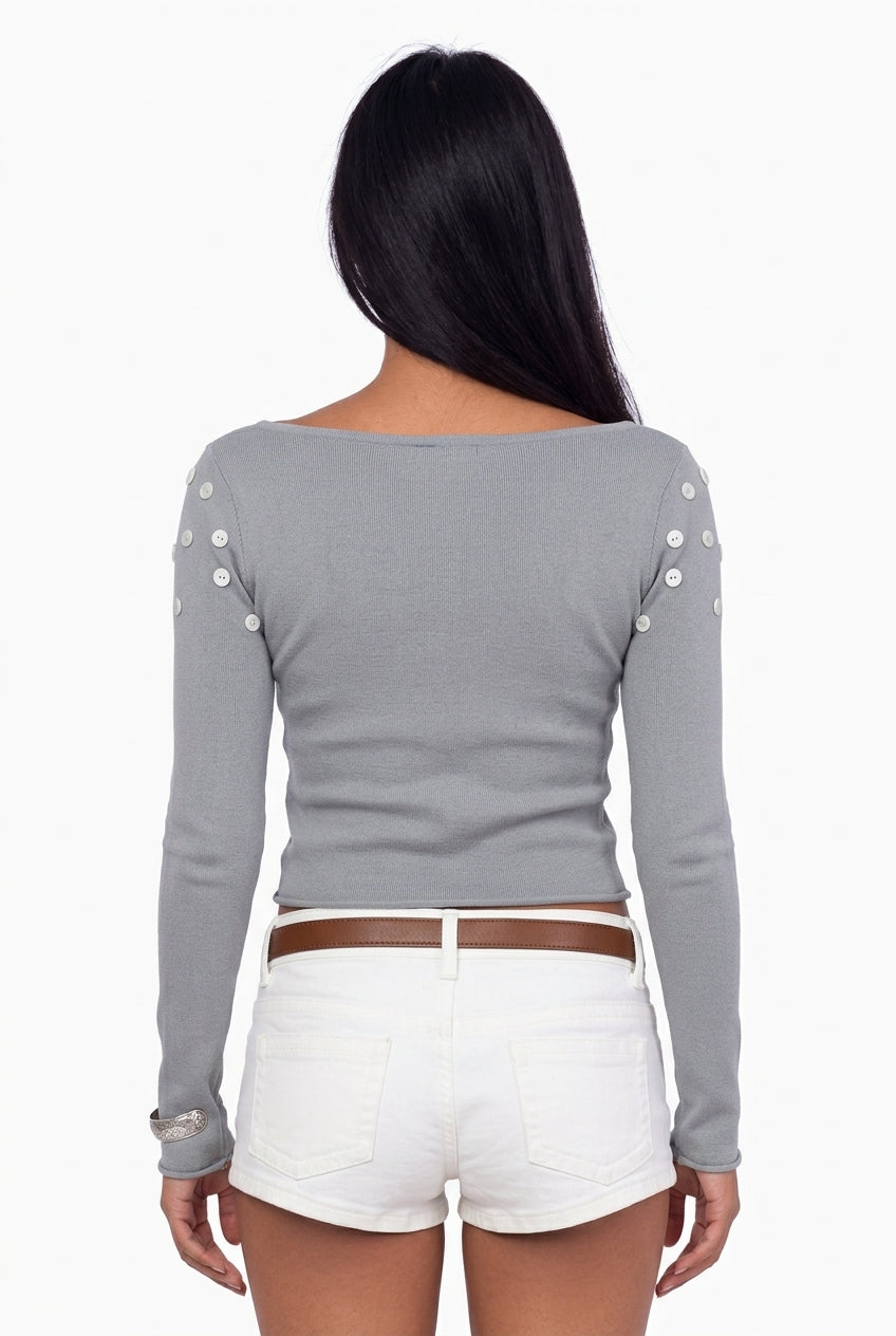 Embellished Button-Detail Long Sleeve Boat Neck Crop Top