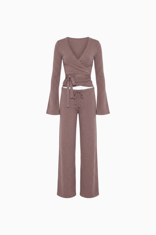 Ribbed Knit Wrap Top & Wide-Leg Pants Lounge Set