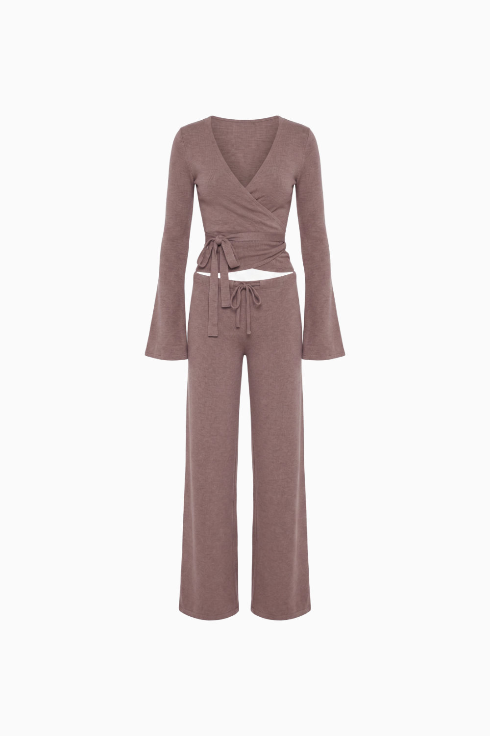 Ribbed Knit Wrap Top & Wide-Leg Pants Lounge Set