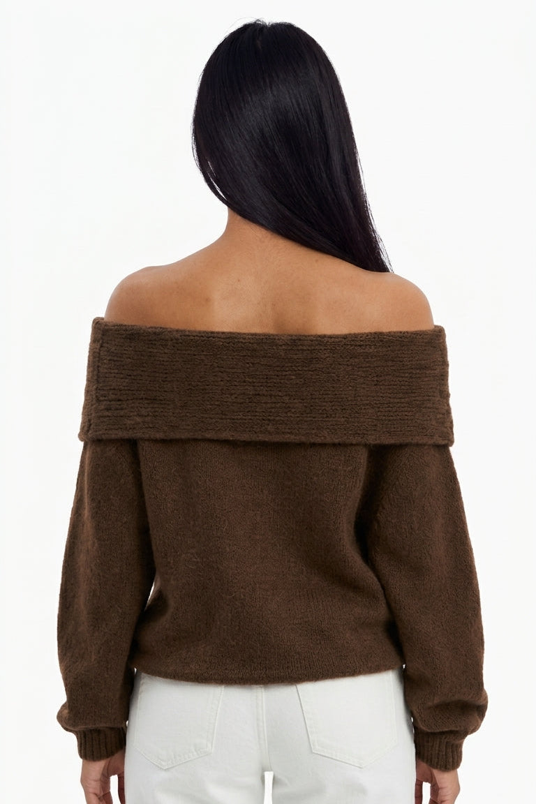 Chocolate Brown Ribbed Off-the-Shoulder Knit Sweater