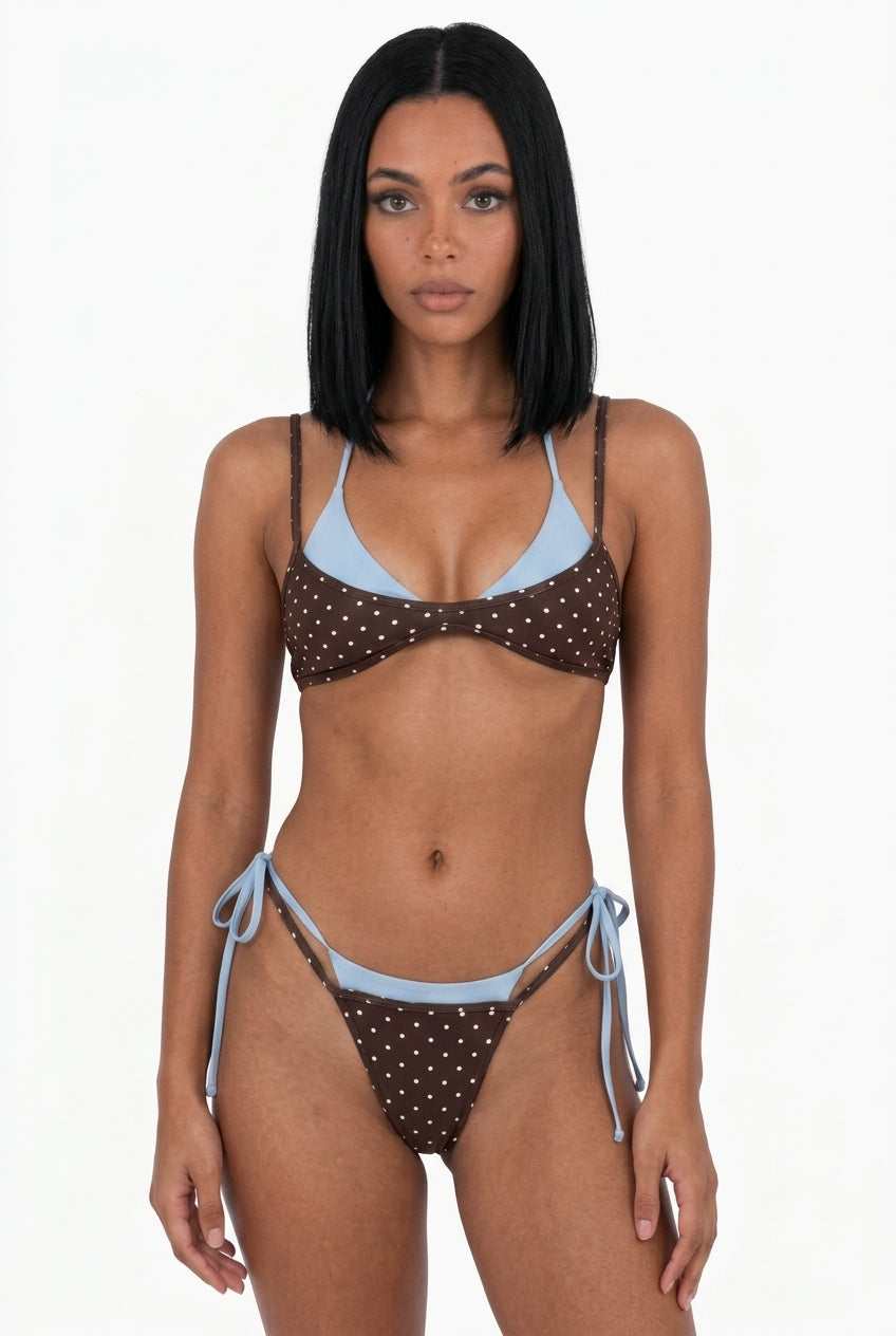 Polka Dot Contrast-Trim Bikini Set - Brown/Brown/Blue