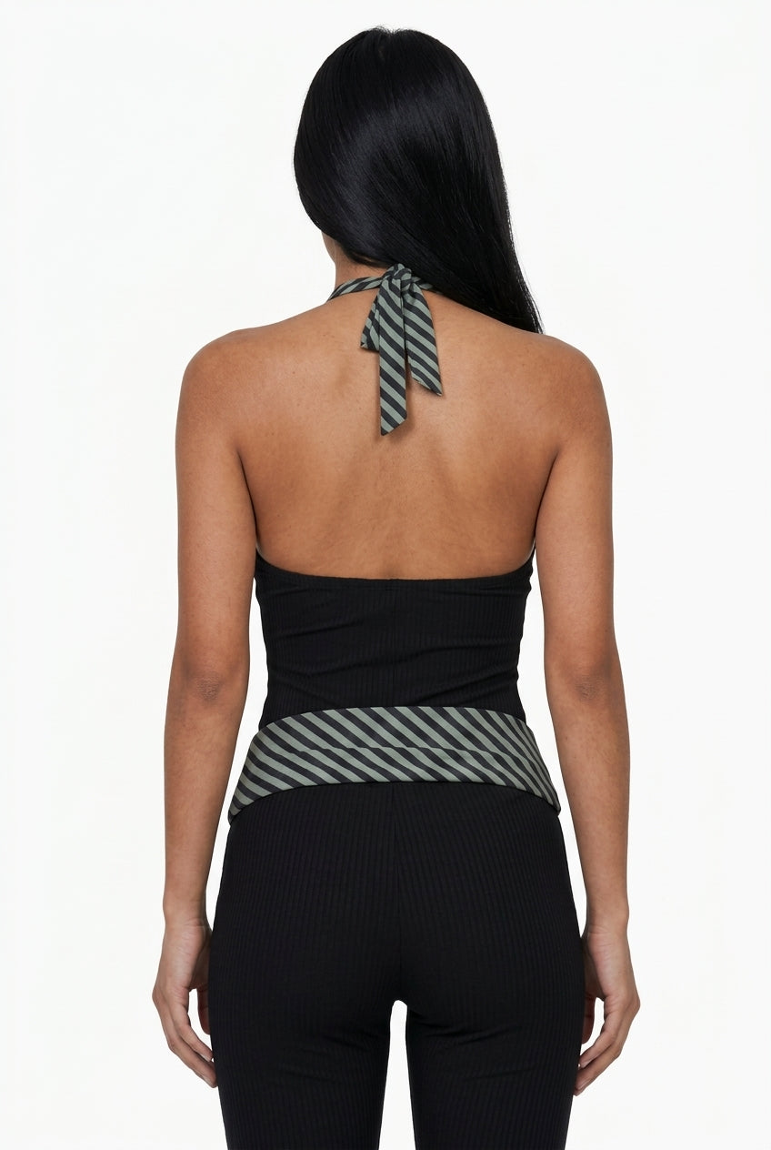 Chevron Stripe Halter Neck Cropped Jumpsuit with Tie Waist