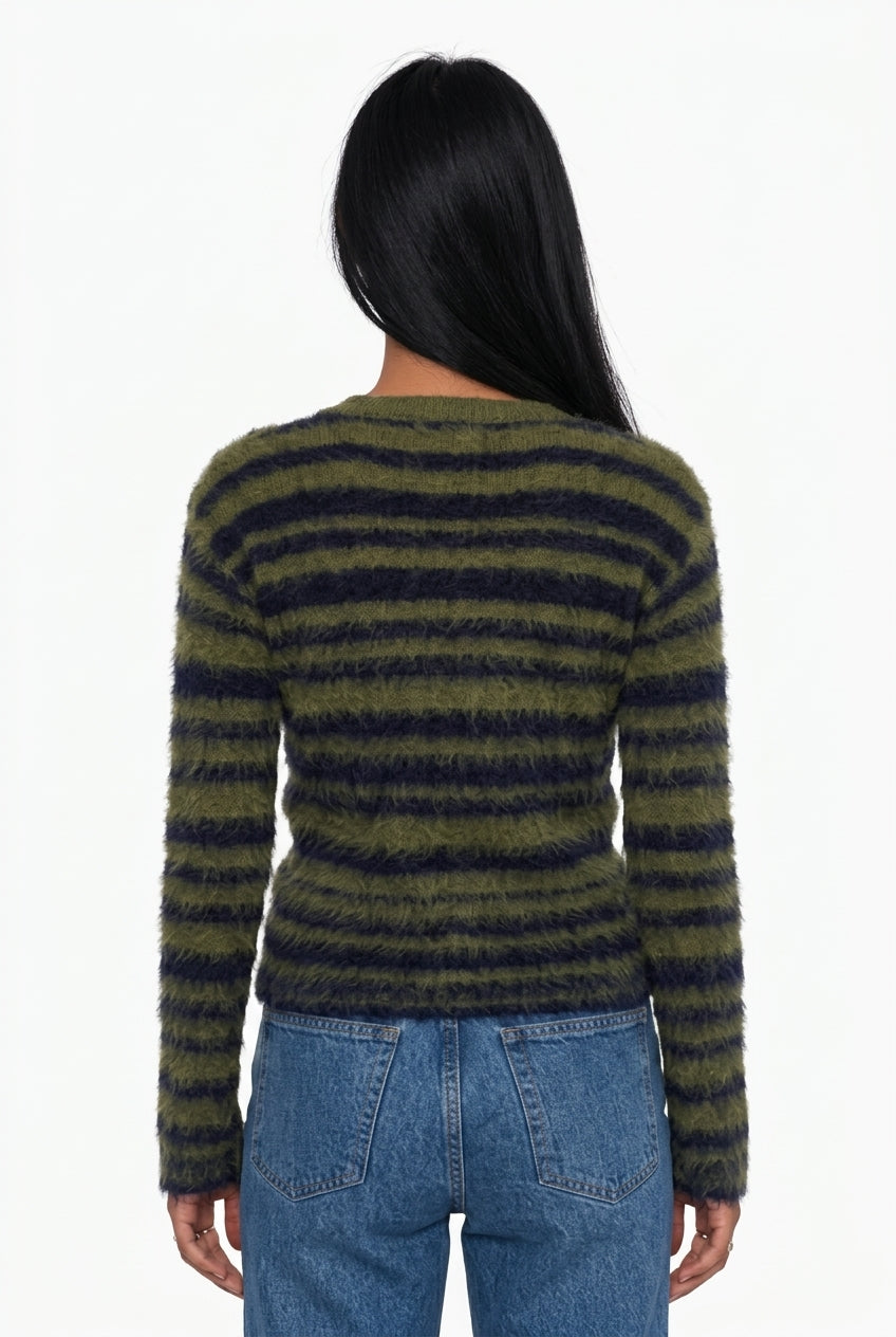 Fluffy Long-Sleeve Striped Cardigan