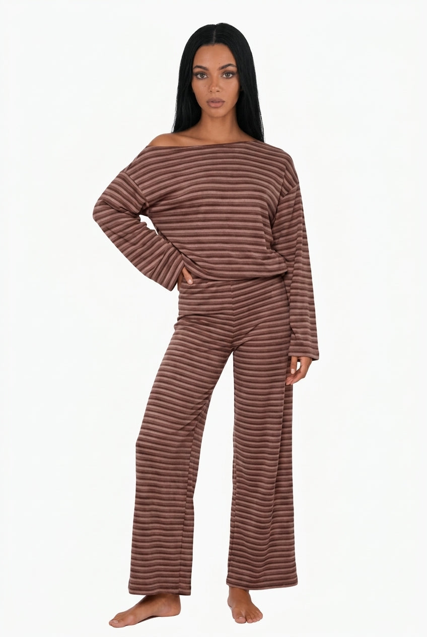Off-the-Shoulder Striped Lounge Set +