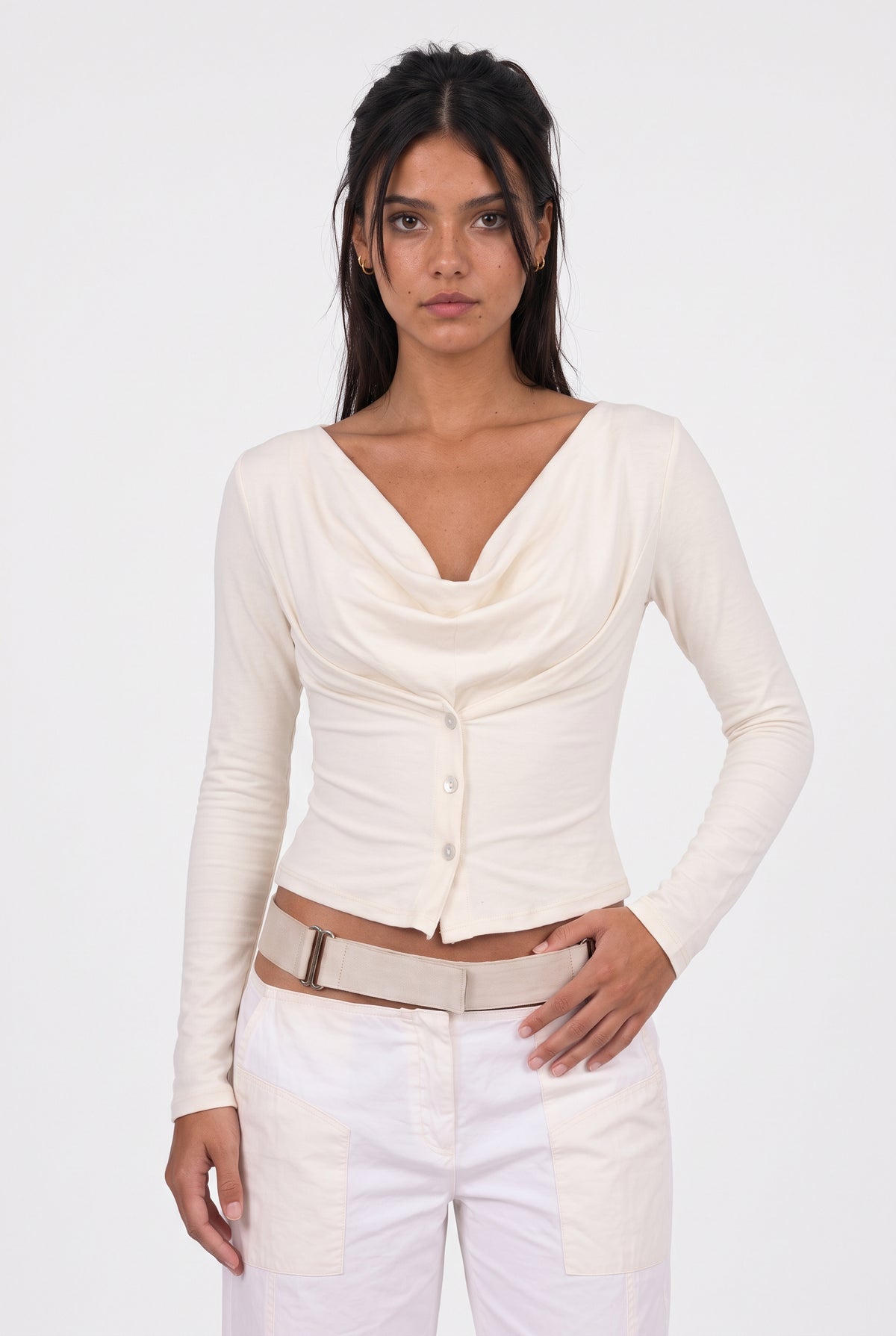 Off-The-Shoulder Button-Front Long-Sleeve Top