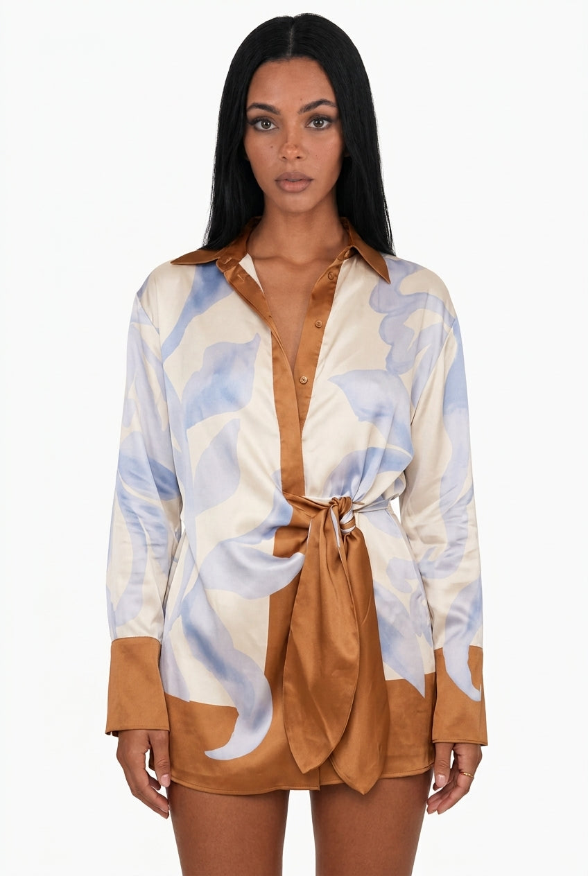 Abstract Floral Long Sleeve Mini Dress     falta lupa