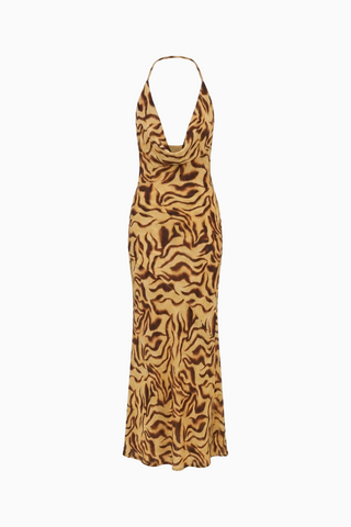 Cowl Neck Abstract Animal Print Maxi Dress