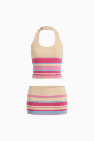 Ribbed Knit Striped Halter Top and Mini Skirt Set