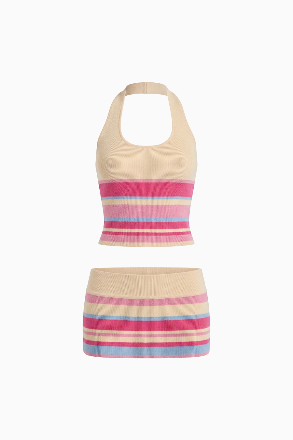 Ribbed Knit Striped Halter Top and Mini Skirt Set