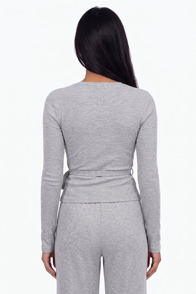Ribbed Knit Wrap Top & Wide-Leg Pants Lounge Set