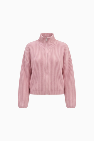 Ribbed Knit Full-Zip High-Neck Cardigan