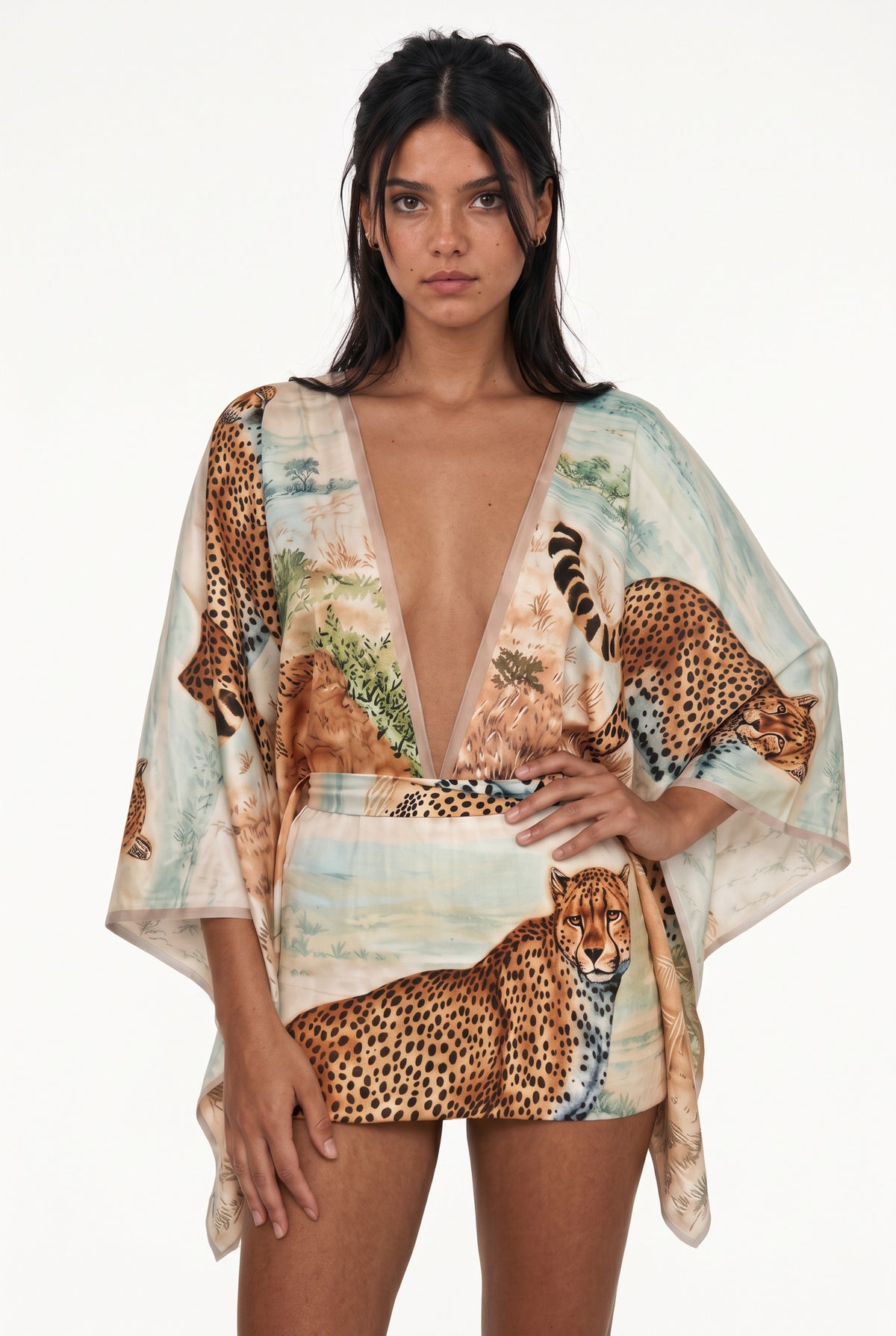 Plunging V-Neck Leopard Landscape Resort Dress