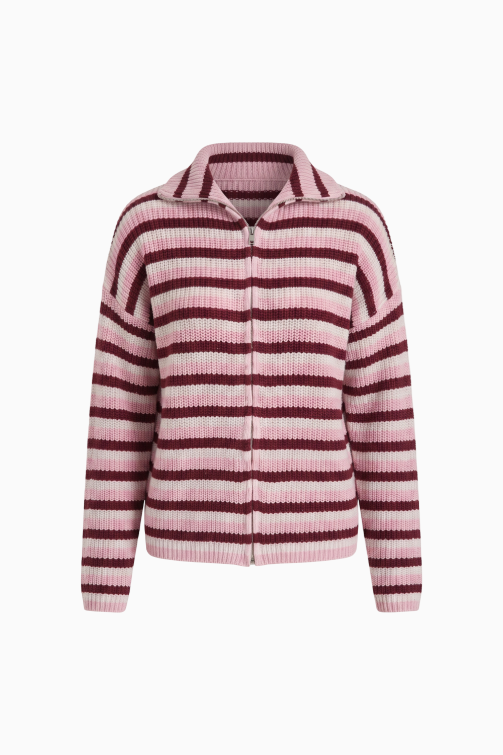 Ribbed Knit Full-Zip High-Neck Cardigan