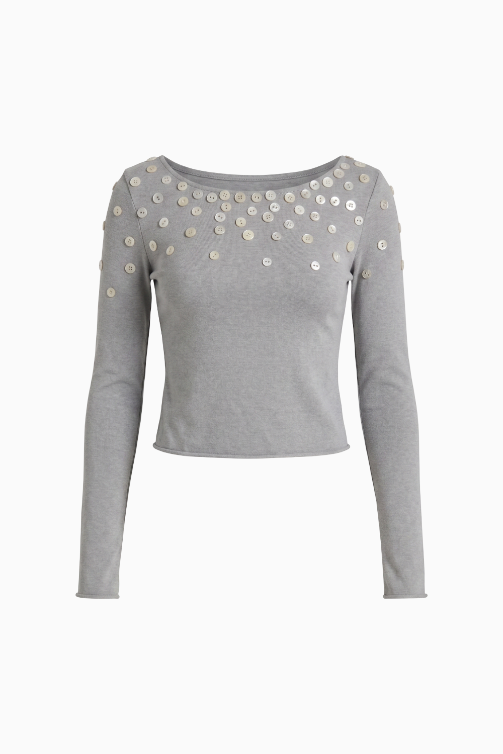 Embellished Button-Detail Long Sleeve Boat Neck Crop Top