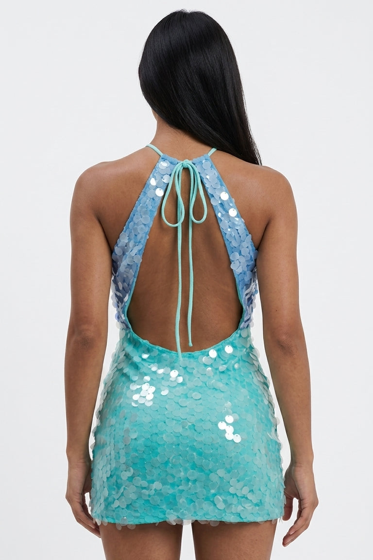 Blue and Aqua Two-Tone Sequin Mini Dress