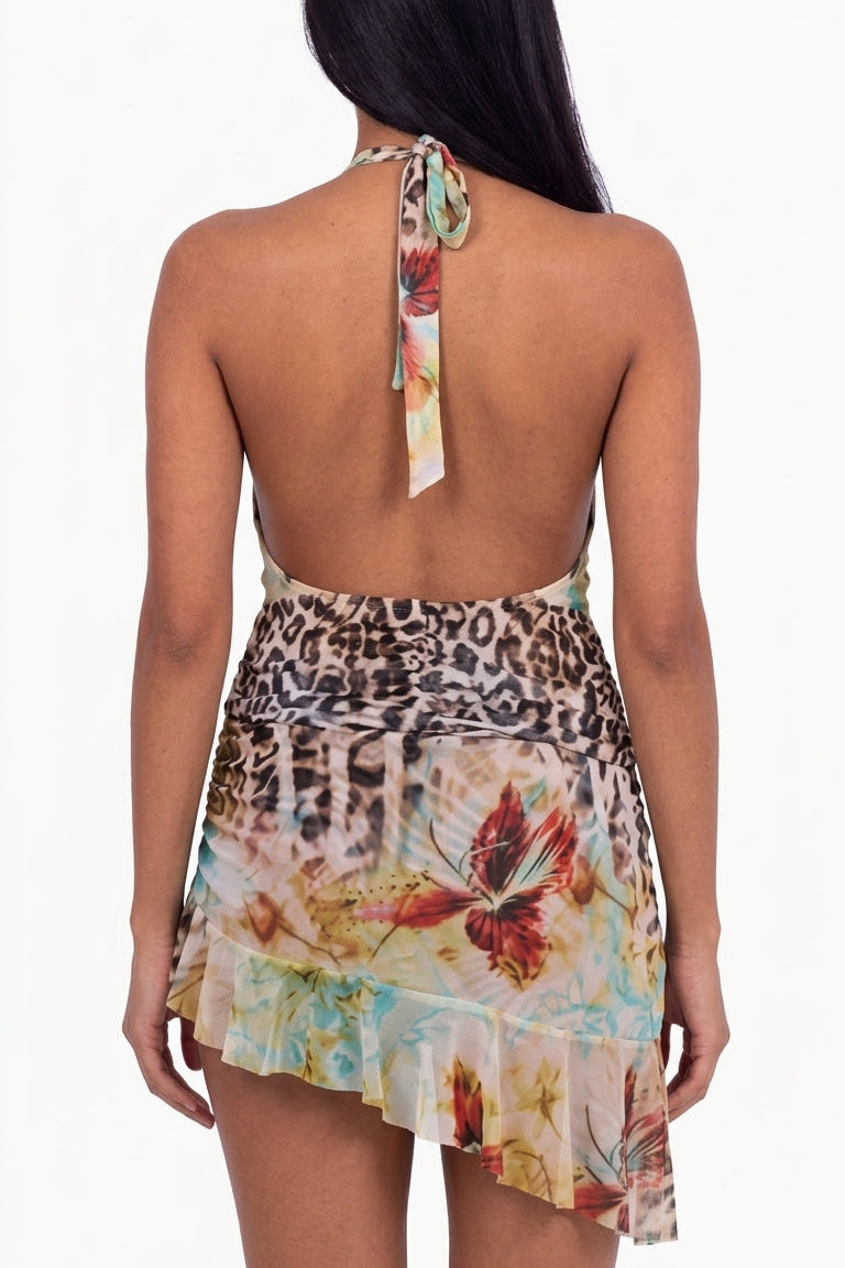 Exotic Mixed Leopard-Floral Print Plunge Halter Mini Dress