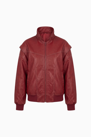 Oversized Crimson Contrast-Stitch Bomber Jacket