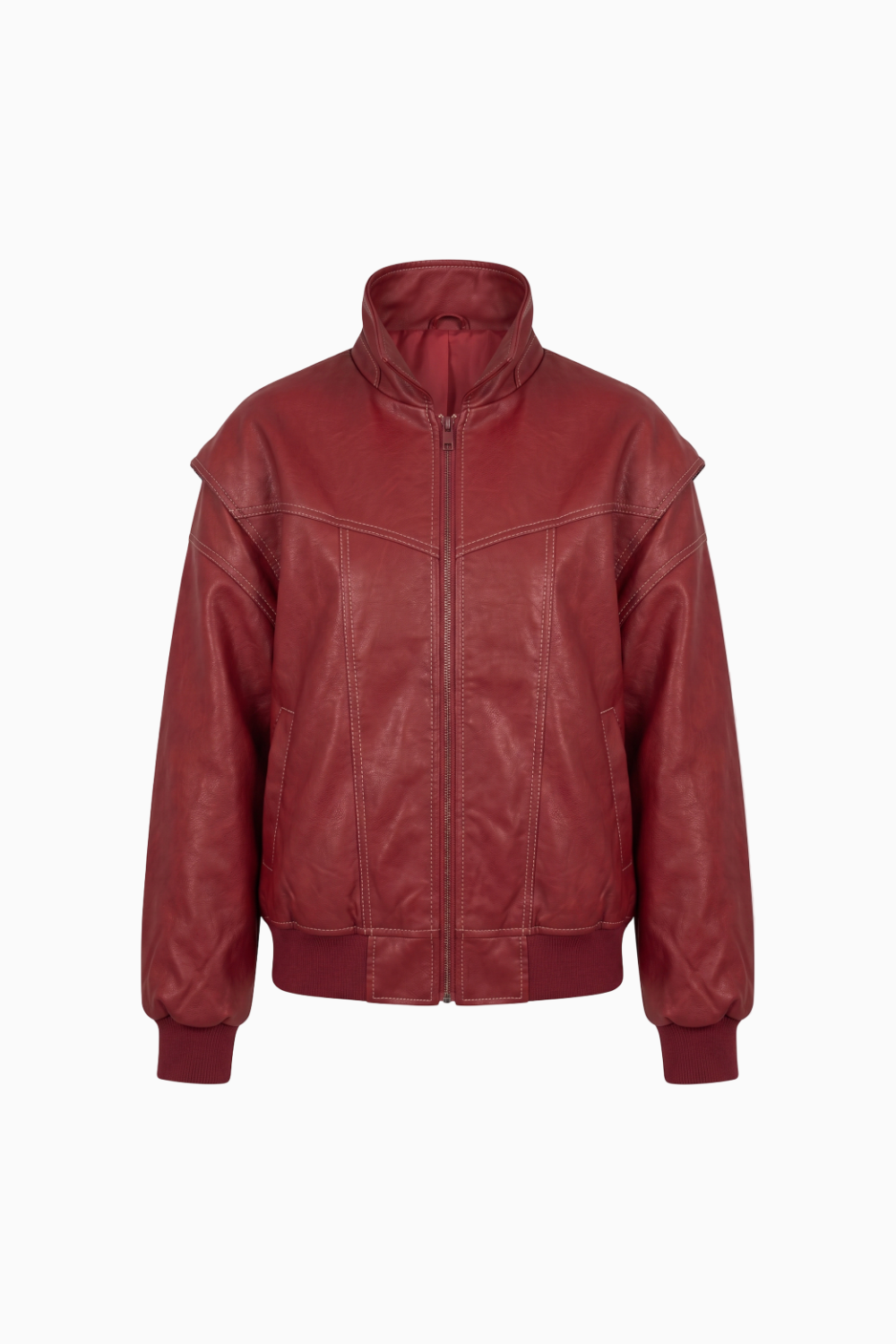 Oversized Crimson Contrast-Stitch Bomber Jacket