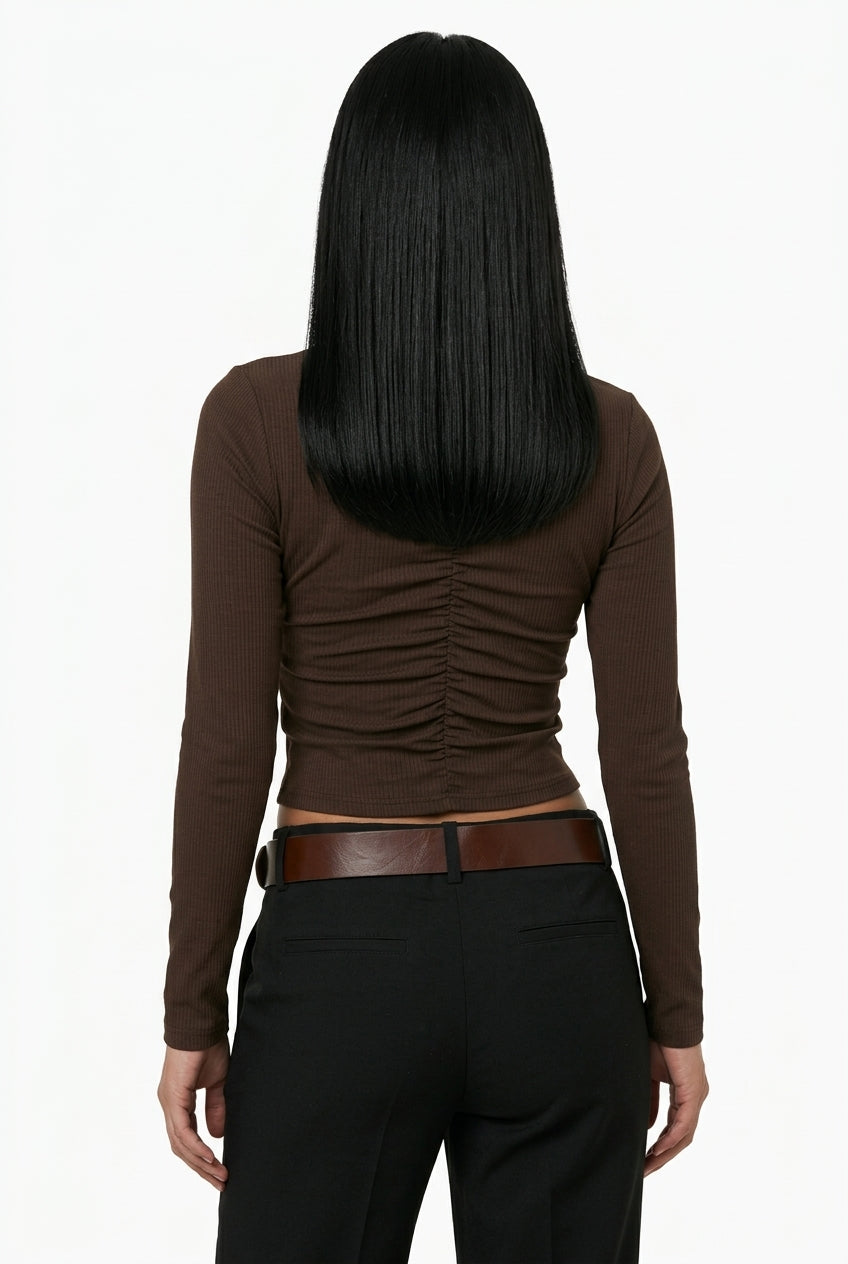 Brown Ruched Button-Accent V-Neck Long-Sleeve Top