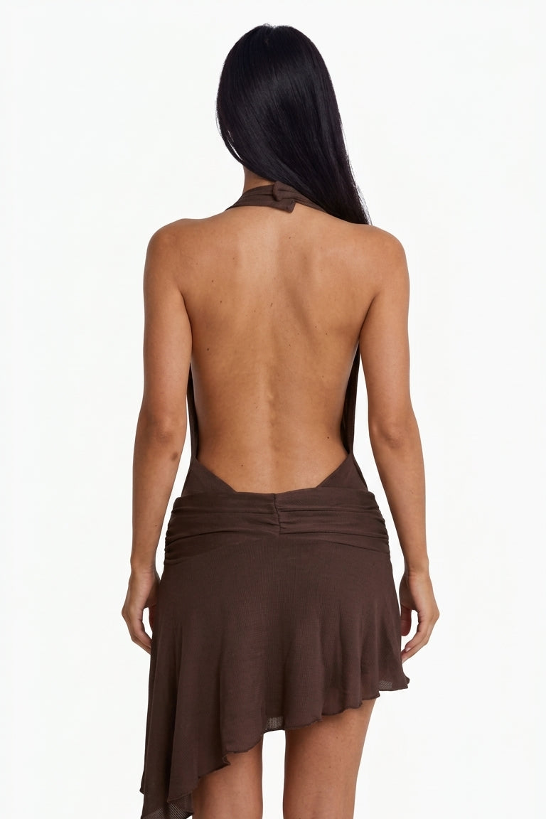 Brown Halter Plunge Asymmetrical Mini Dress