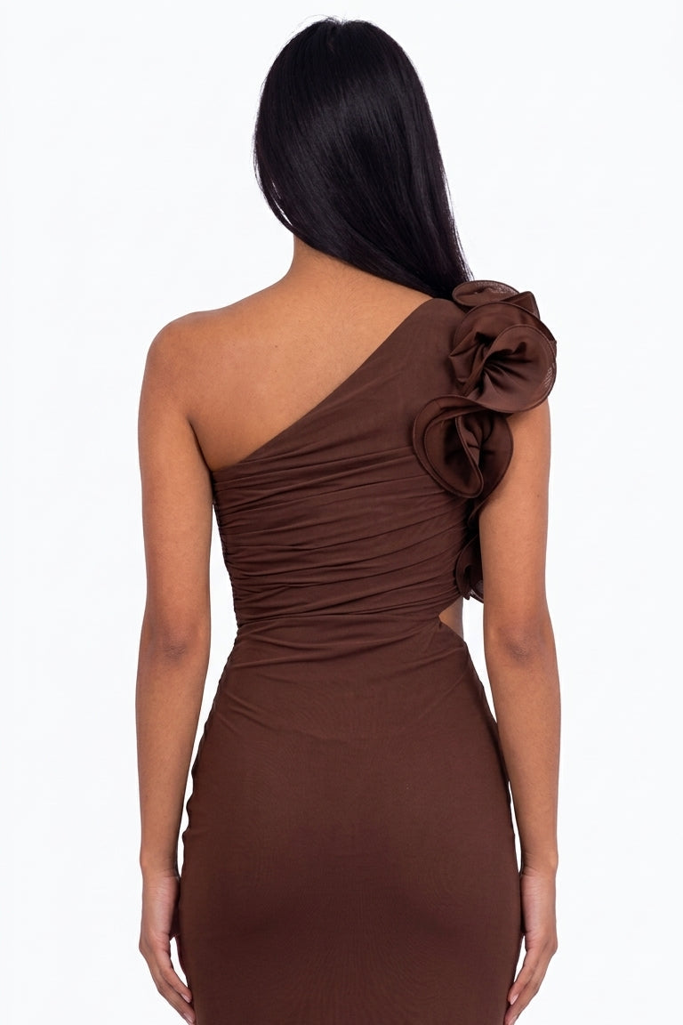 Brown One-Shoulder Ruffle Cutout Maxi Dress