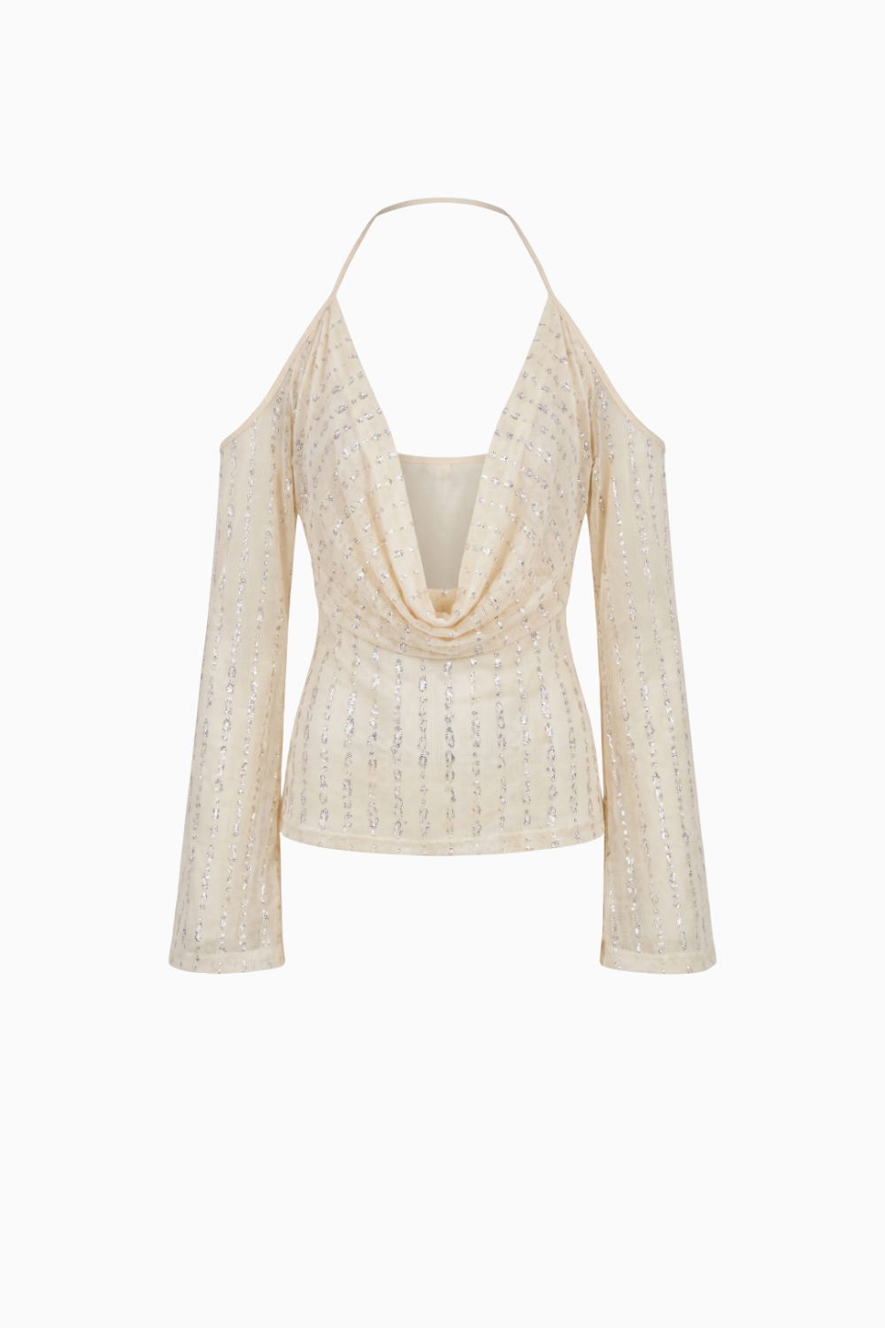 Textured Halter Neck Cold Shoulder Top with Bell Sleeves