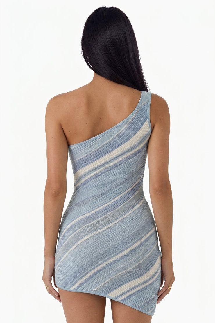 Blue Striped One-Shoulder Mini Dress