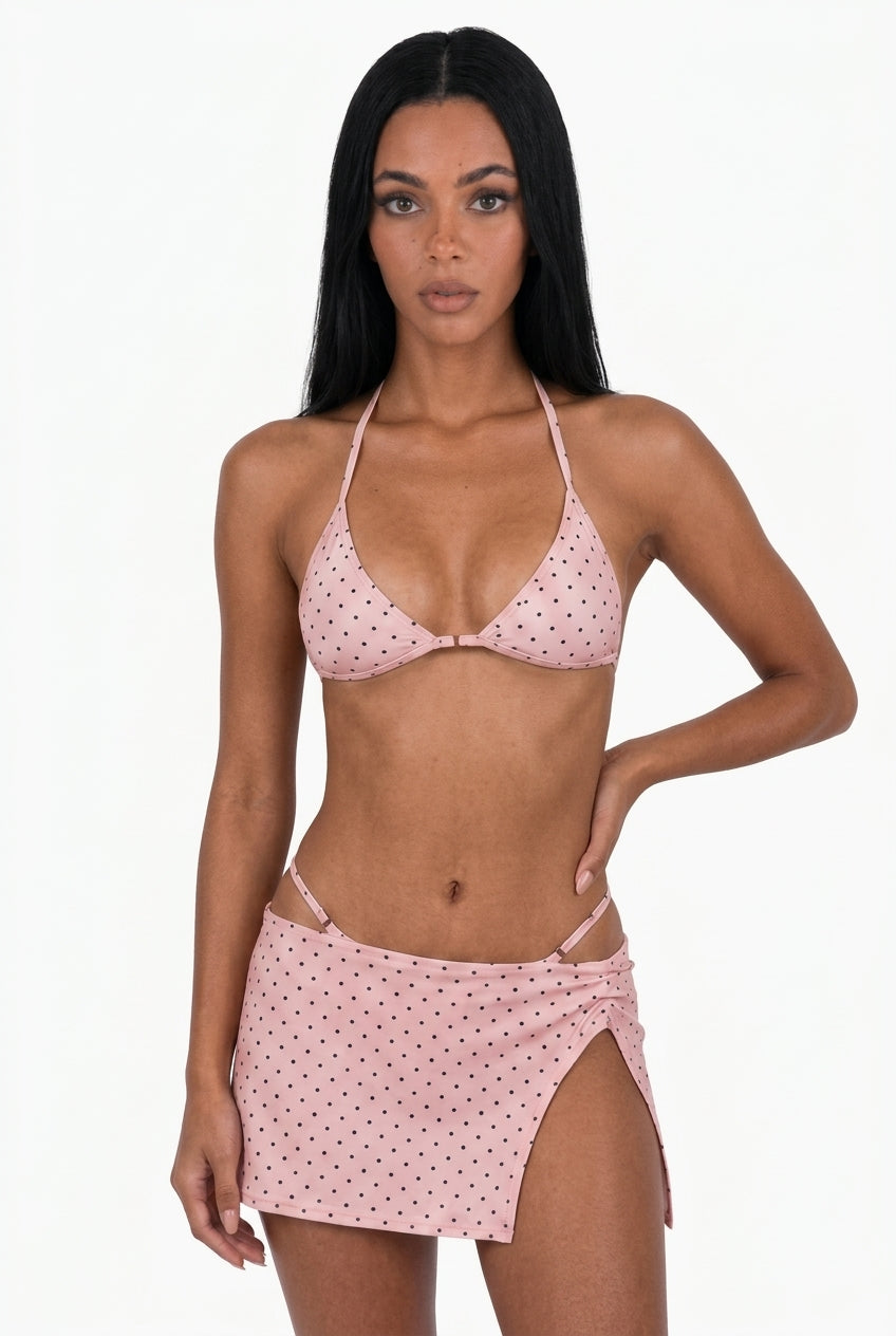 Light Pink Polka Dot 3-Piece Bikini Set with Skirt