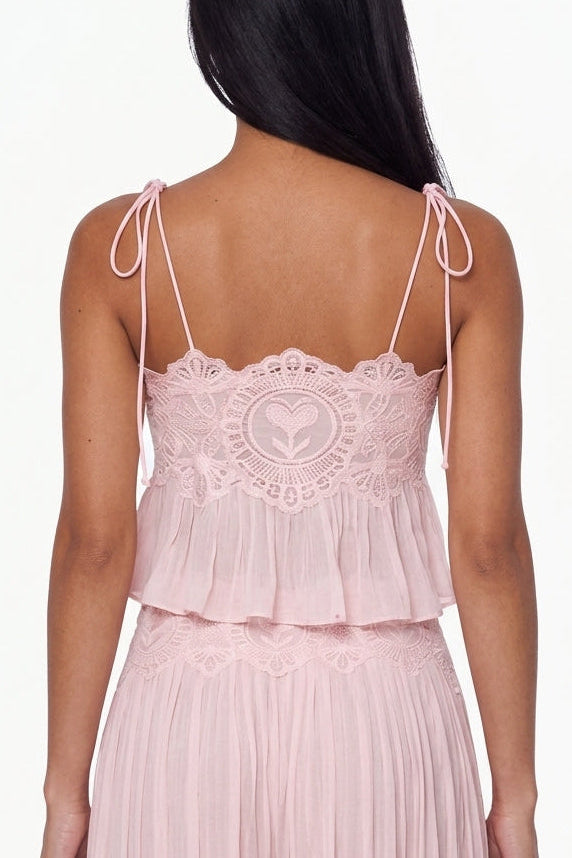 Pink Lace-Trimmed Crop Top and Pleated Harem Pants Set