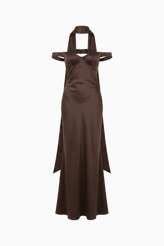 Brown Satin Open-Back Halter Maxi Dress