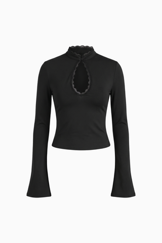 Black Lace-Trim Keyhole Long-Sleeve Top