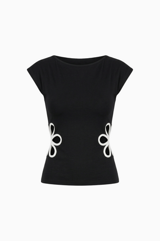 Black Cutout Flower Side Detail Short Sleeve Top