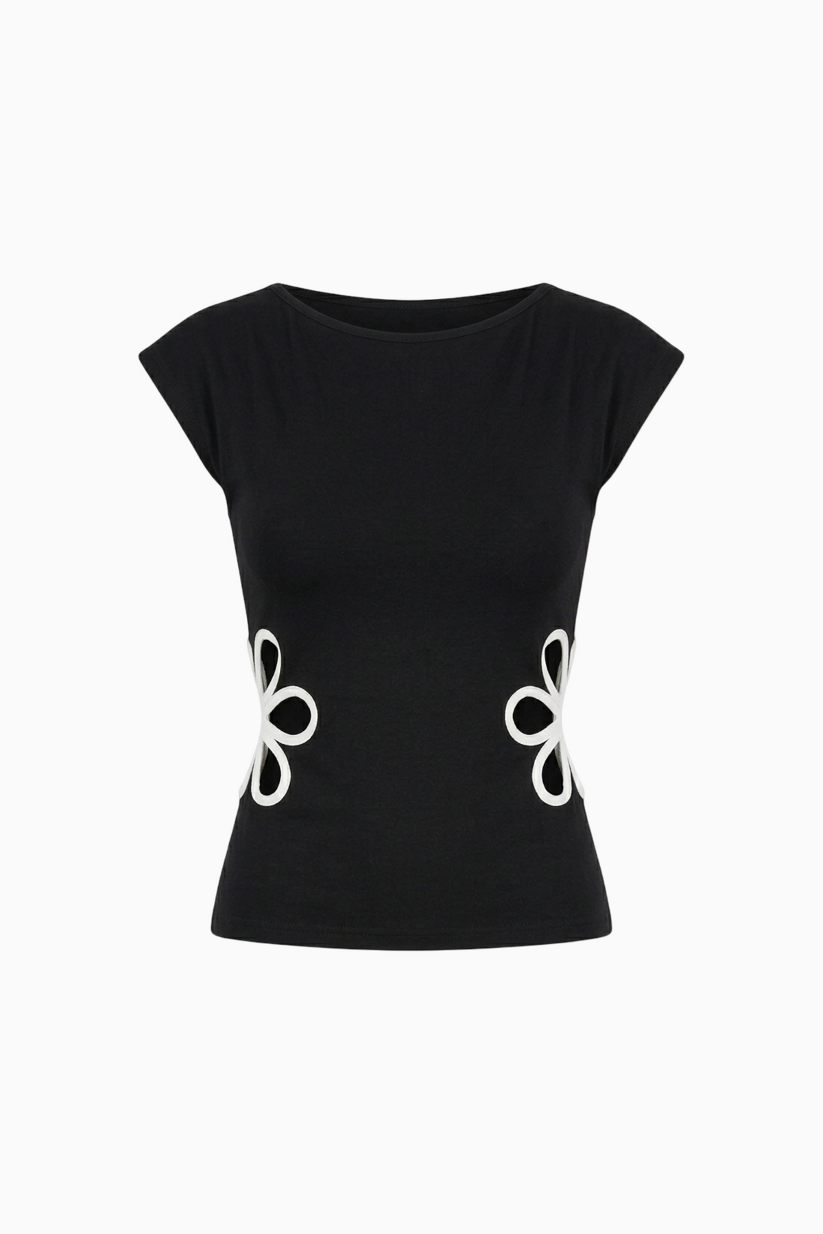 Black Cutout Flower Side Detail Short Sleeve Top