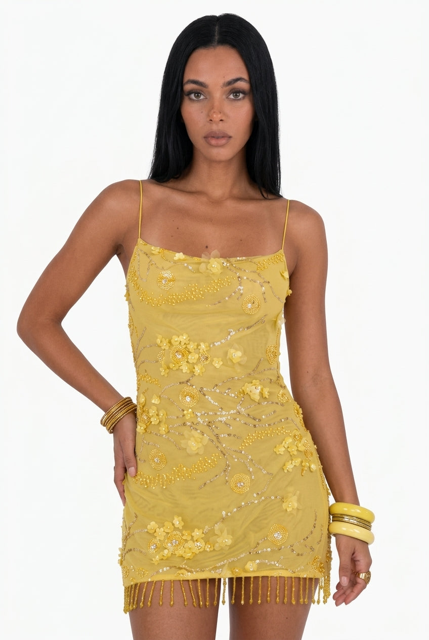 Lemon Yellow Embellished Mini Dress