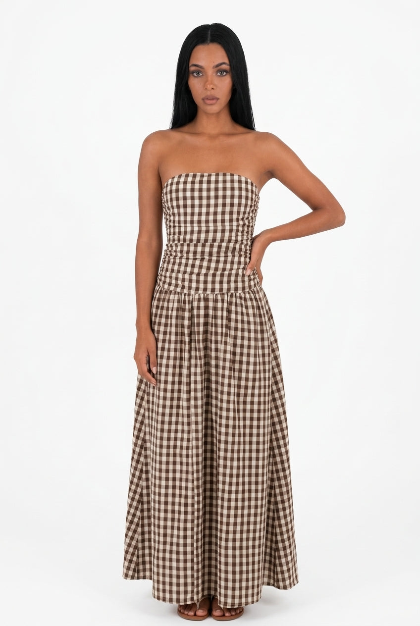 Brown Gingham Strapless Maxi Dress