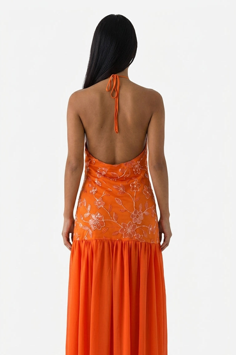 Orange Chiffon Flowing Maxi Dress