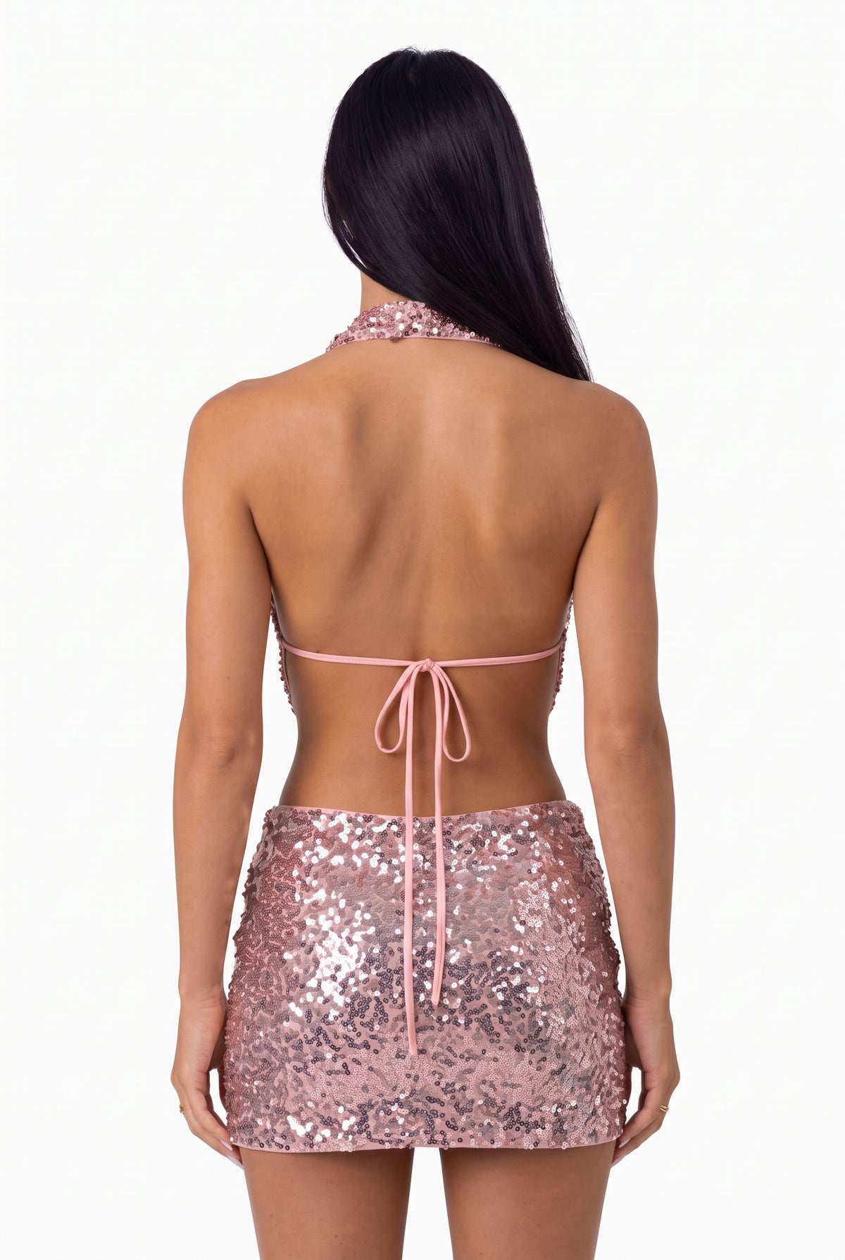 Pink Sequin Deep-V Halter Set