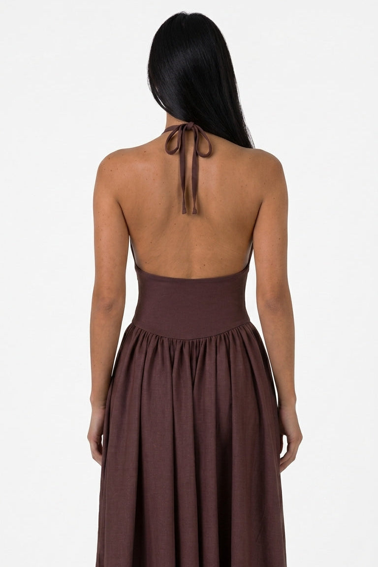 Brown Halterneck Scuba Maxi Dress