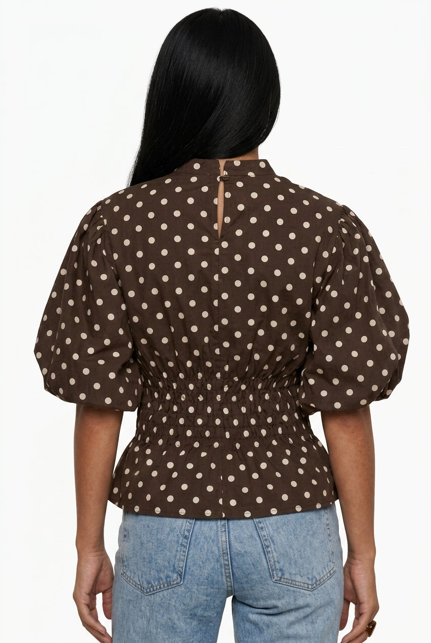 Brown Polka Dot Puff-Sleeve Peplum Top