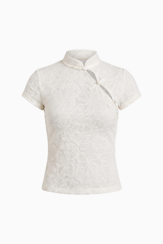 Mandarin Collar Floral Lace Short-Sleeve Top