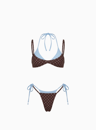 Polka Dot Contrast-Trim Bikini Set - Brown/Brown/Blue