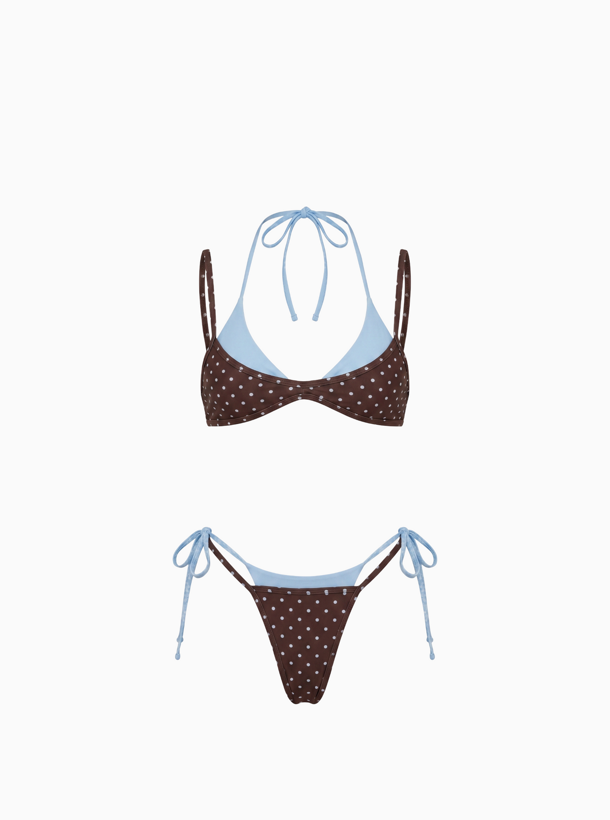 Polka Dot Contrast-Trim Bikini Set - Brown/Brown/Blue