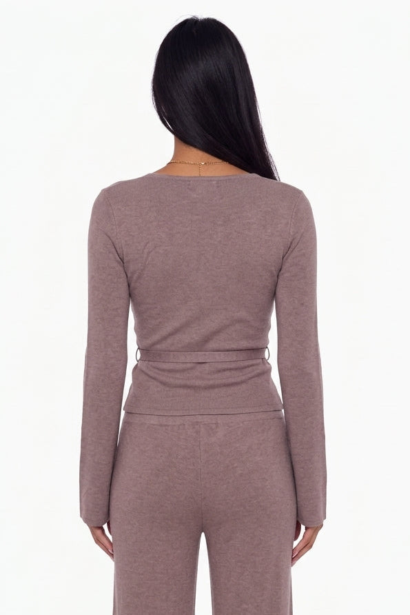Ribbed Knit Wrap Top & Wide-Leg Pants Lounge Set