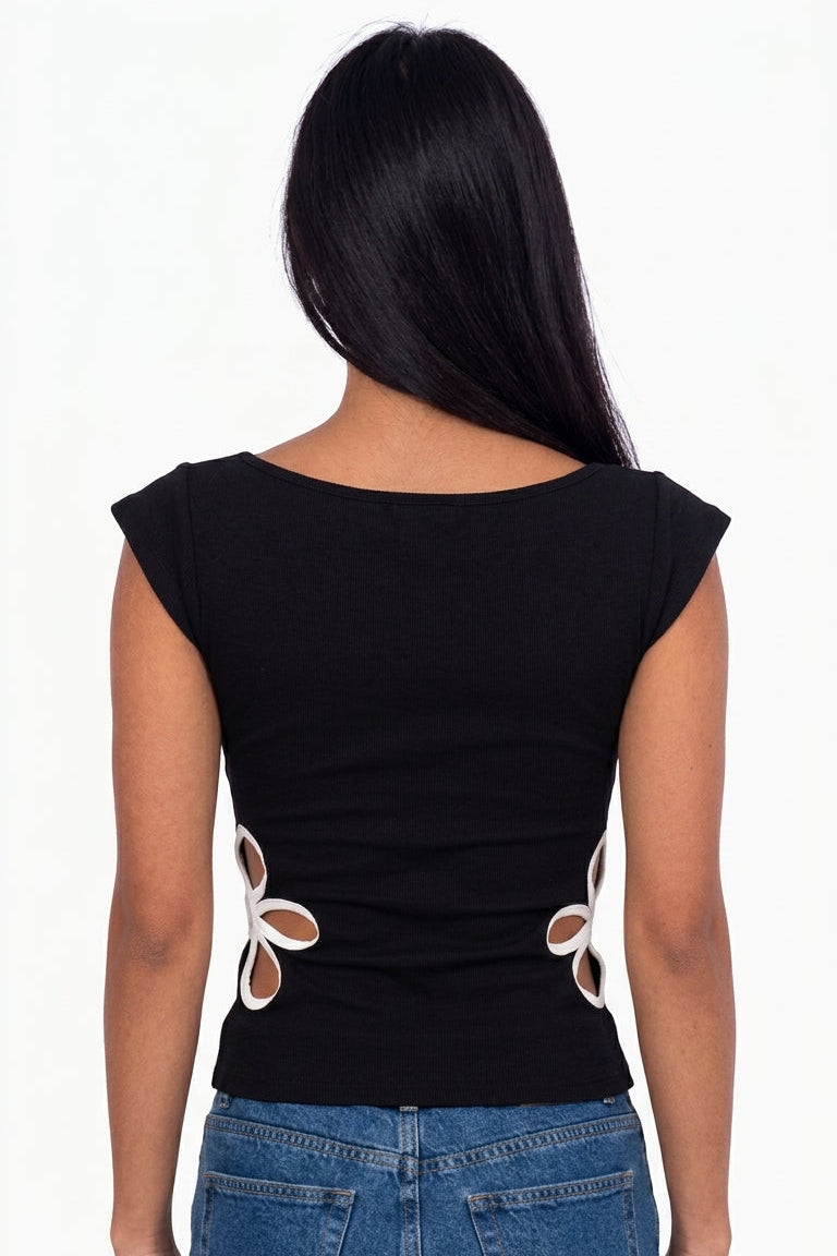 Black Cutout Flower Side Detail Short Sleeve Top