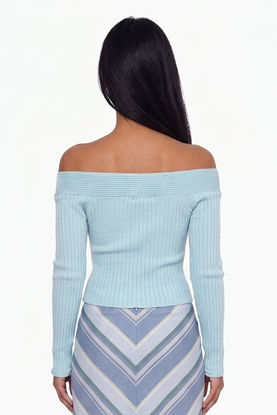 Light Blue Off-The-Shoulder Ribbed Knit Top