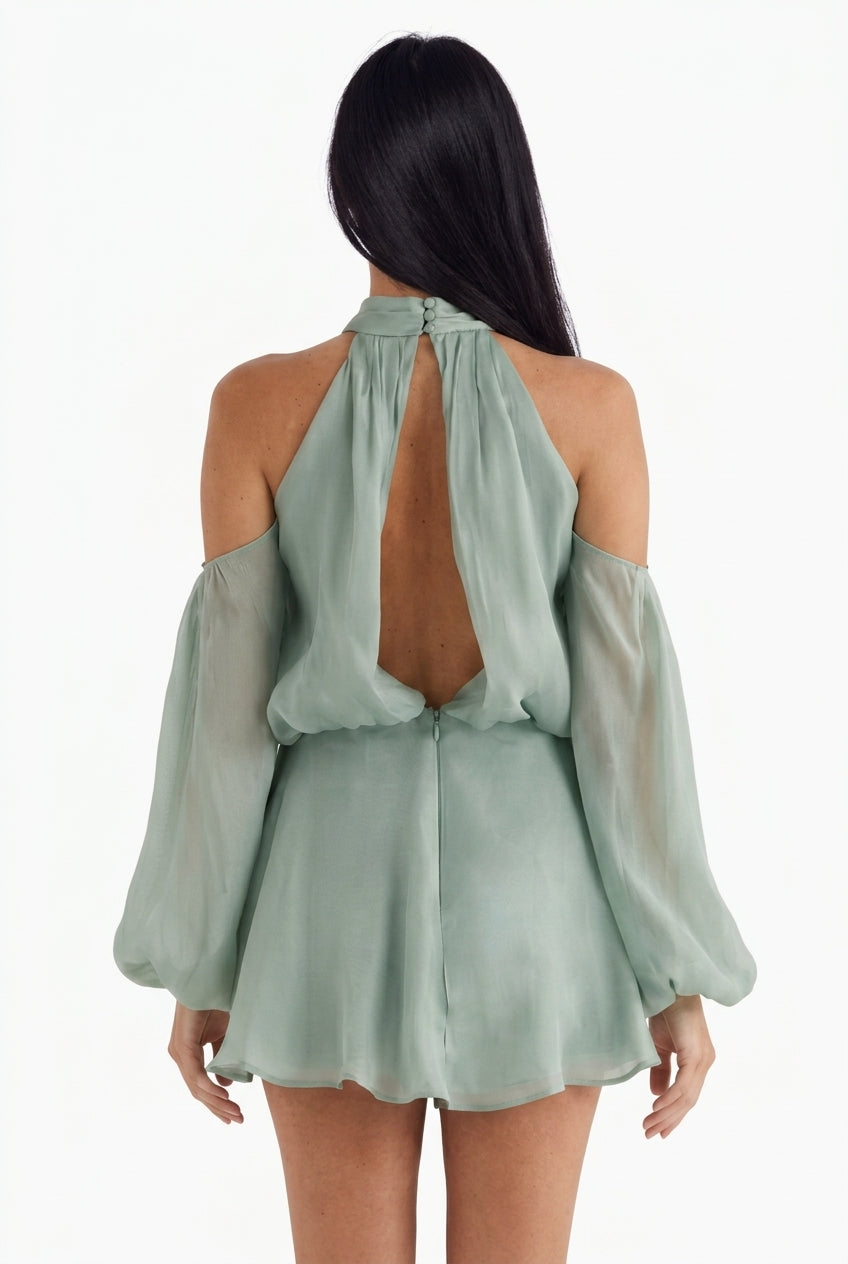 Sage Green Cold-Shoulder Halter Mini Dress