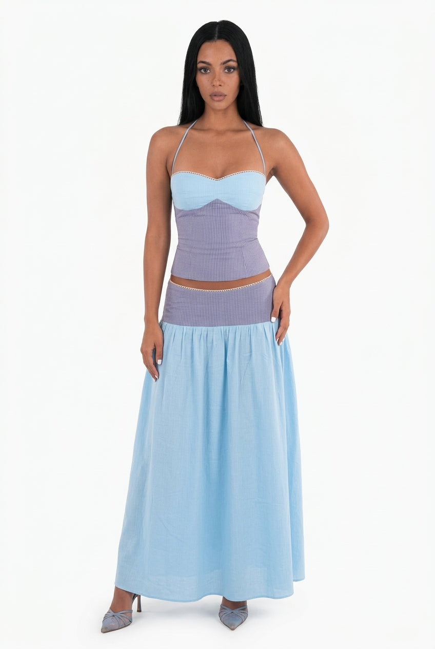 Sky Blue Halter Corset Top & Maxi Skirt Two-Piece Set