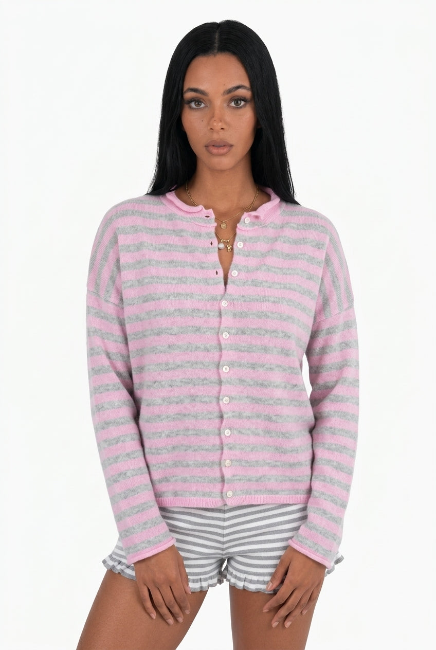 Cozy Striped Cashmere-Blend Cardigan Pink & Grey